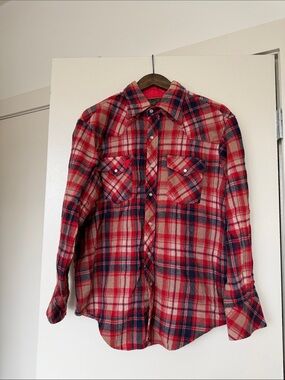 Vintage Washable Wool Red and Navy Plaid Button-Down Shirt